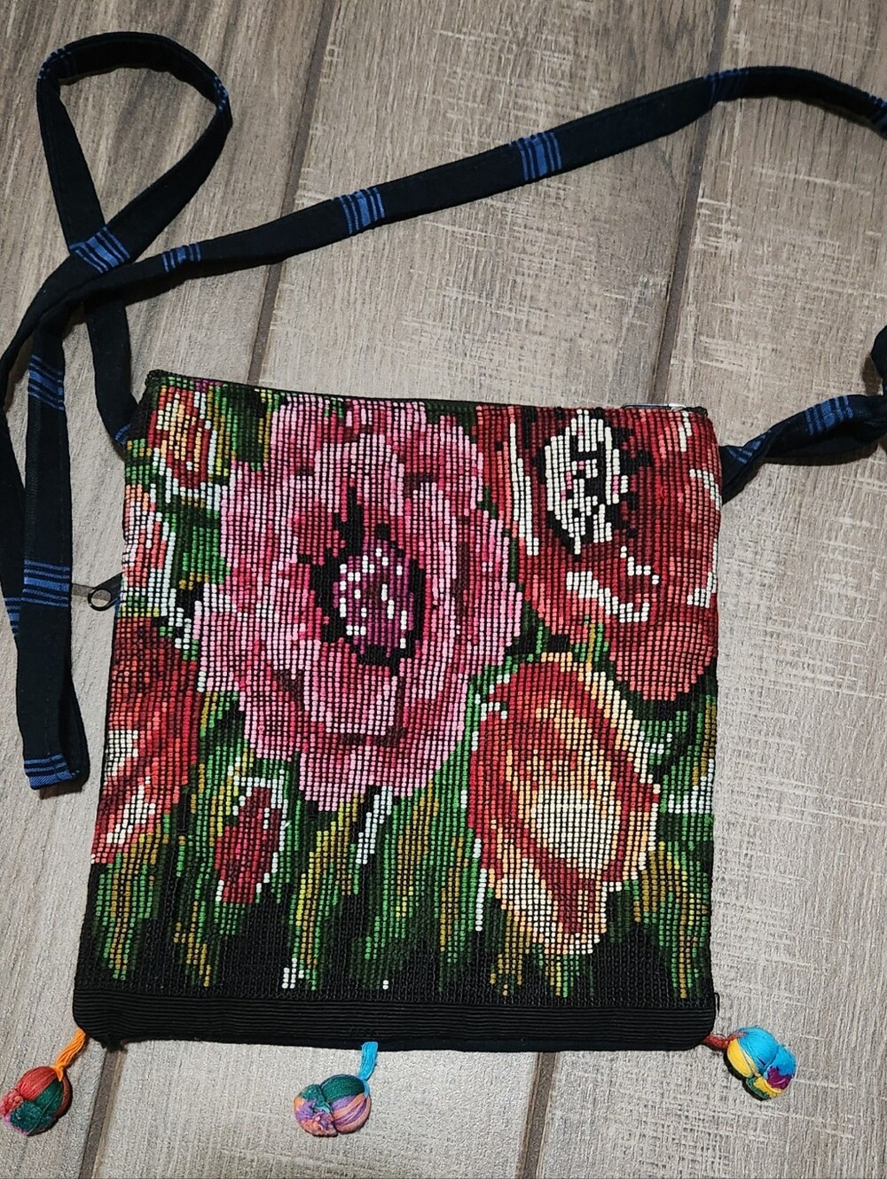 Embroidered Floral Crossbody Bag - Navy & Red
